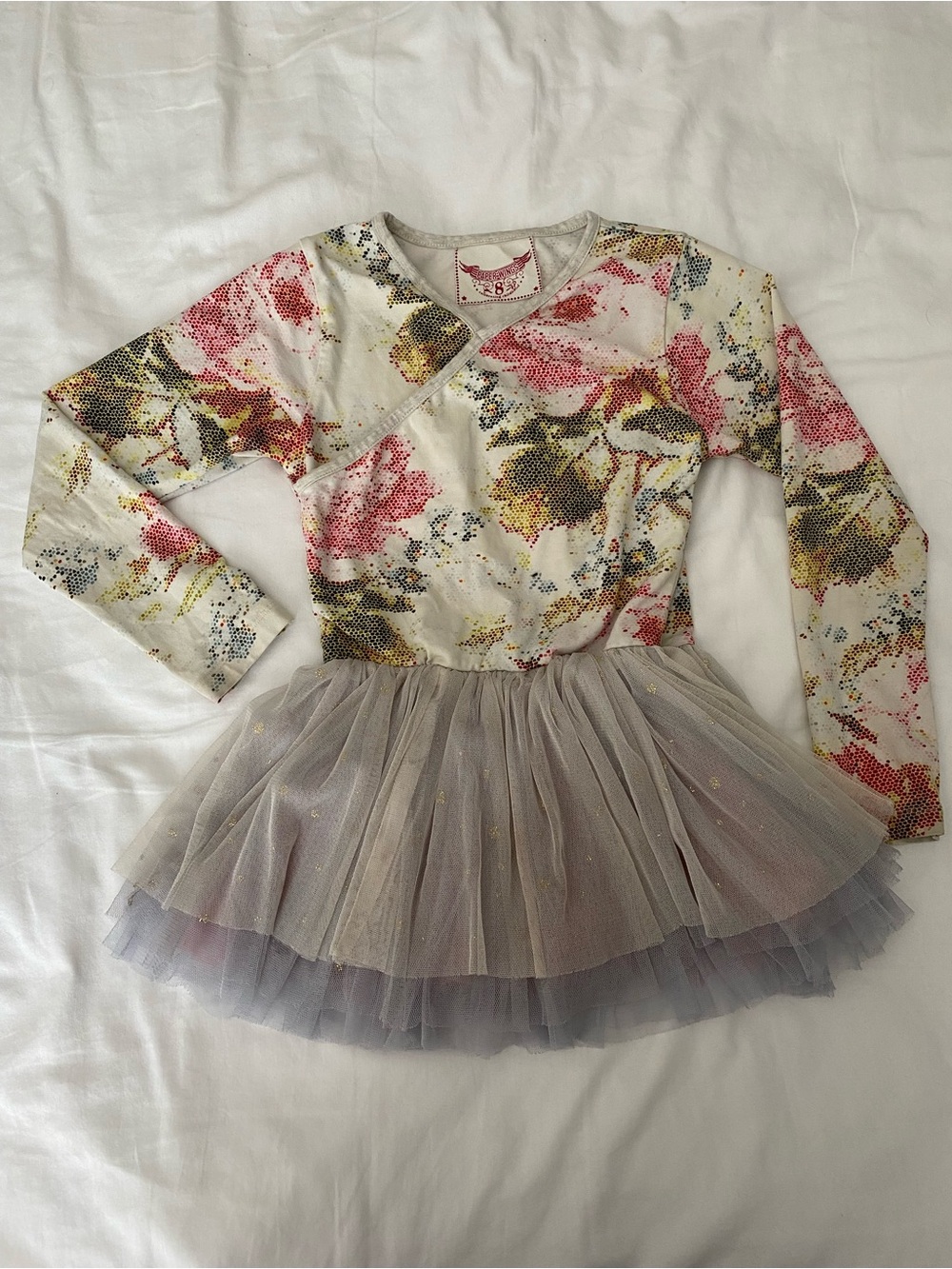 Floral Long-Sleeve Tulle Paper Wings Dress in Cream and Pink